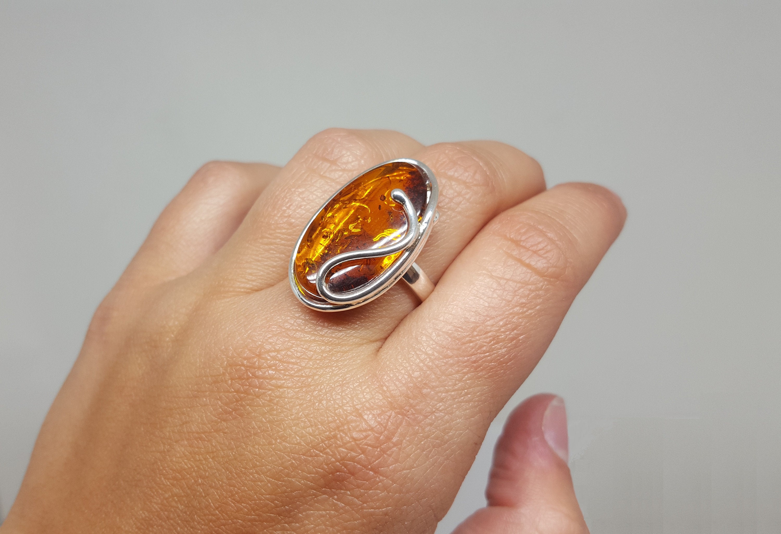 Oval Silver and Amber Ring, Modern Baltic Amber Ring, Cognac Amber