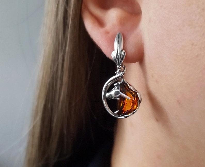 Baltic Amber Horse Earrings, Sterling Silver and Amber Stone Earrings, Honey Amber Earrings, Silver Horse Head Earrings,Round Amber Earrings image 1