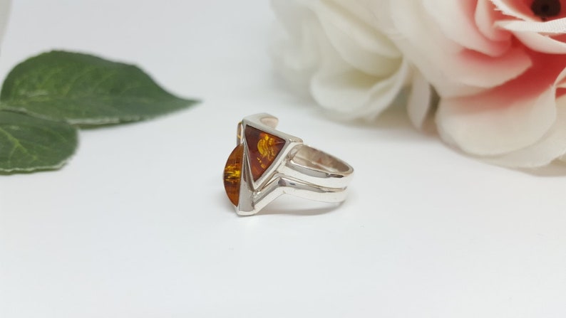 Stackable Amber Ring, Double Triangle Ring, Chevron Ring, Baltic Amber Rings, Stacking Rings, Unique Ring Gift, Set of Two Rings,Silver Ring image 5