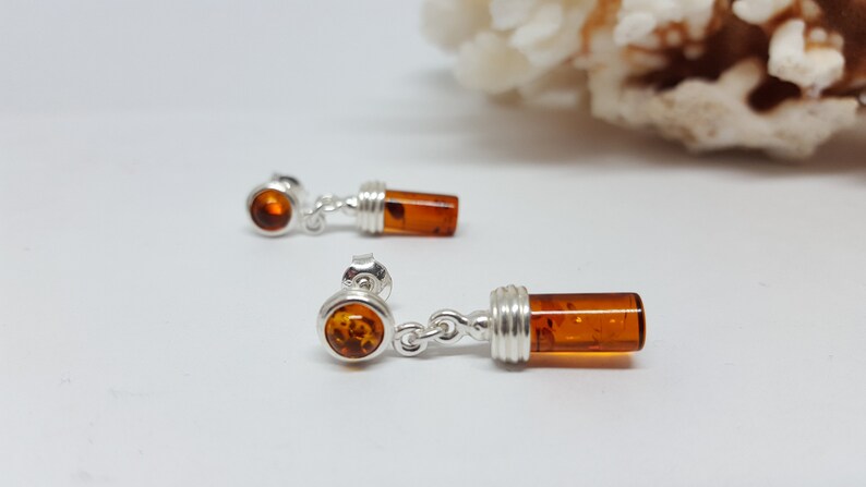 Small Cylindric Earrings, Short Amber Earrings, Small Tube Earrings, Amber Studs, Baltic Amber earrings, Natural Amber Jewellery,Amber Gift image 2