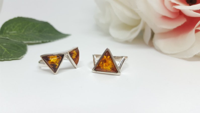 Stackable Amber Ring, Double Triangle Ring, Chevron Ring, Baltic Amber Rings, Stacking Rings, Unique Ring Gift, Set of Two Rings,Silver Ring image 4