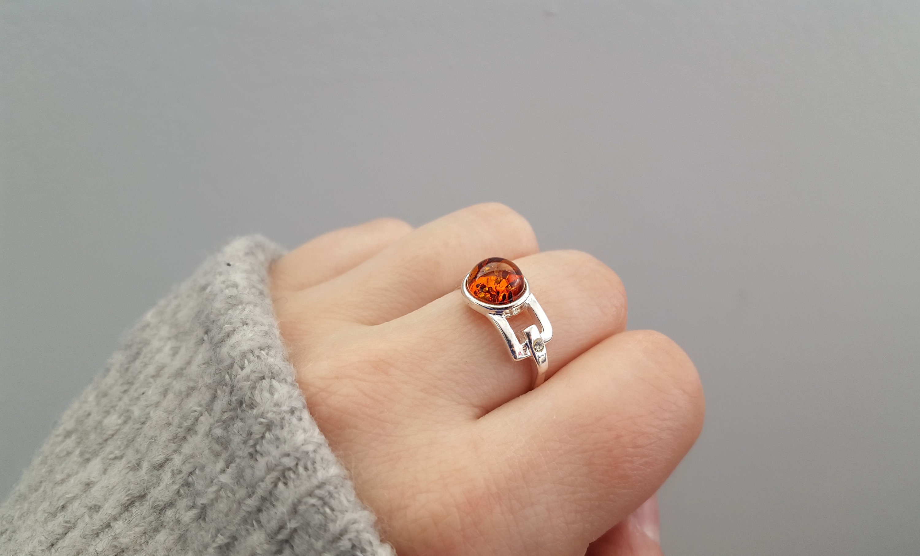 Silver and Amber Belt Ring, Round Baltic Amber Ring, Classic Amber