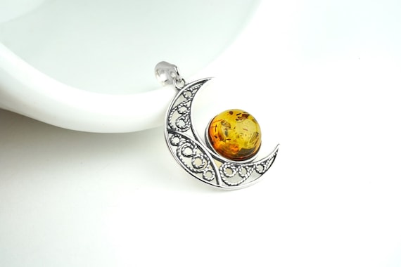 Crescent Moon Pendant with Baltic Amber Sterling Silver and Amber Pendant Silver Moon Necklace Amber Sun and Moon Necklace Moon Jewelry