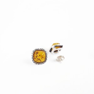 Square Baltic Amber Post Earrings, Silver Square Studs, Small Amber Earrings, Amber Square Stud Earrings, Orange Stone Post Earrings Gift image 4