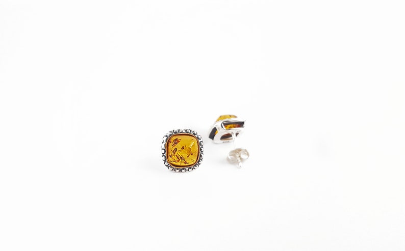 Square Baltic Amber Post Earrings, Silver Square Studs, Small Amber Earrings, Amber Square Stud Earrings, Orange Stone Post Earrings Gift image 4