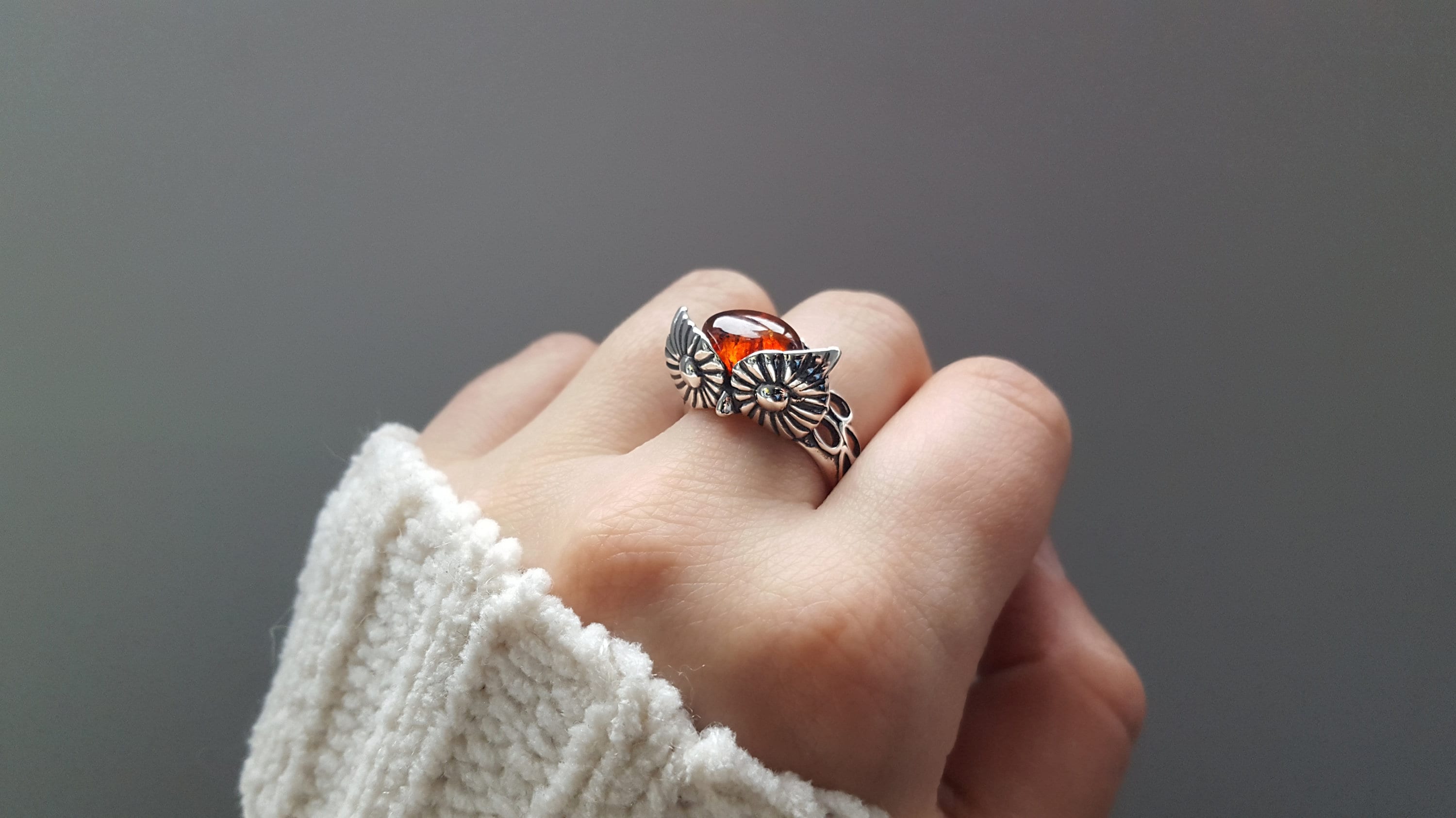 Baltic Amber and Silver Owl Ring, Silver Owl Ring, Honey Amber Owl Jewelry, Large Bird Ring, Silver 
