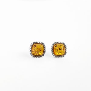 Square Baltic Amber Post Earrings, Silver Square Studs, Small Amber Earrings, Amber Square Stud Earrings, Orange Stone Post Earrings Gift image 3