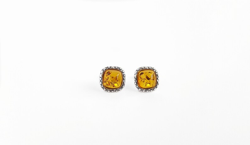 Square Baltic Amber Post Earrings, Silver Square Studs, Small Amber Earrings, Amber Square Stud Earrings, Orange Stone Post Earrings Gift image 3