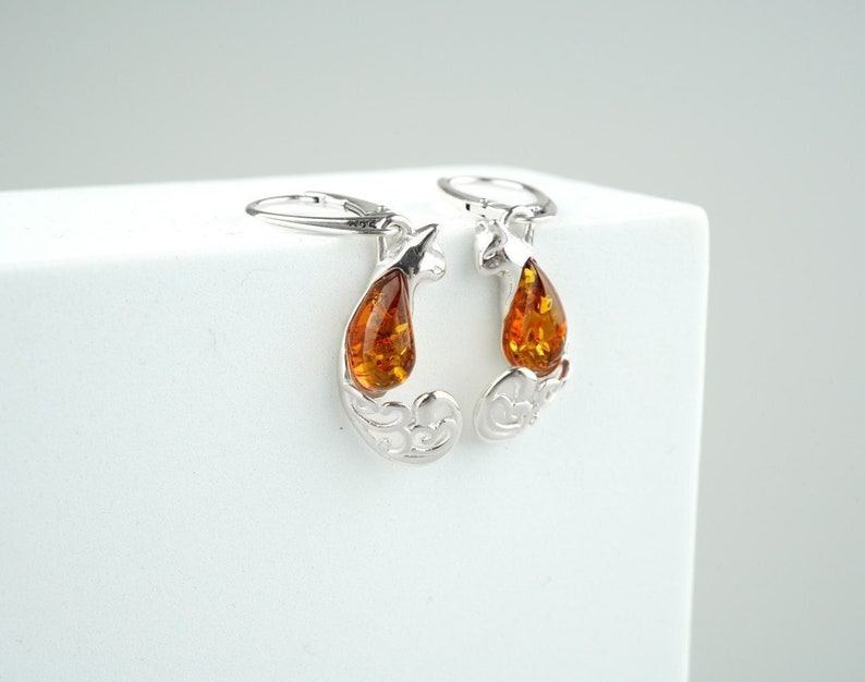 Amber Cat Earrings, Silver and Amber Stone Earrings, Silver Cat Earrings, Cat Lover Gift, Silver Cat Jewelry, Baltic Amber Cat Earrings image 1