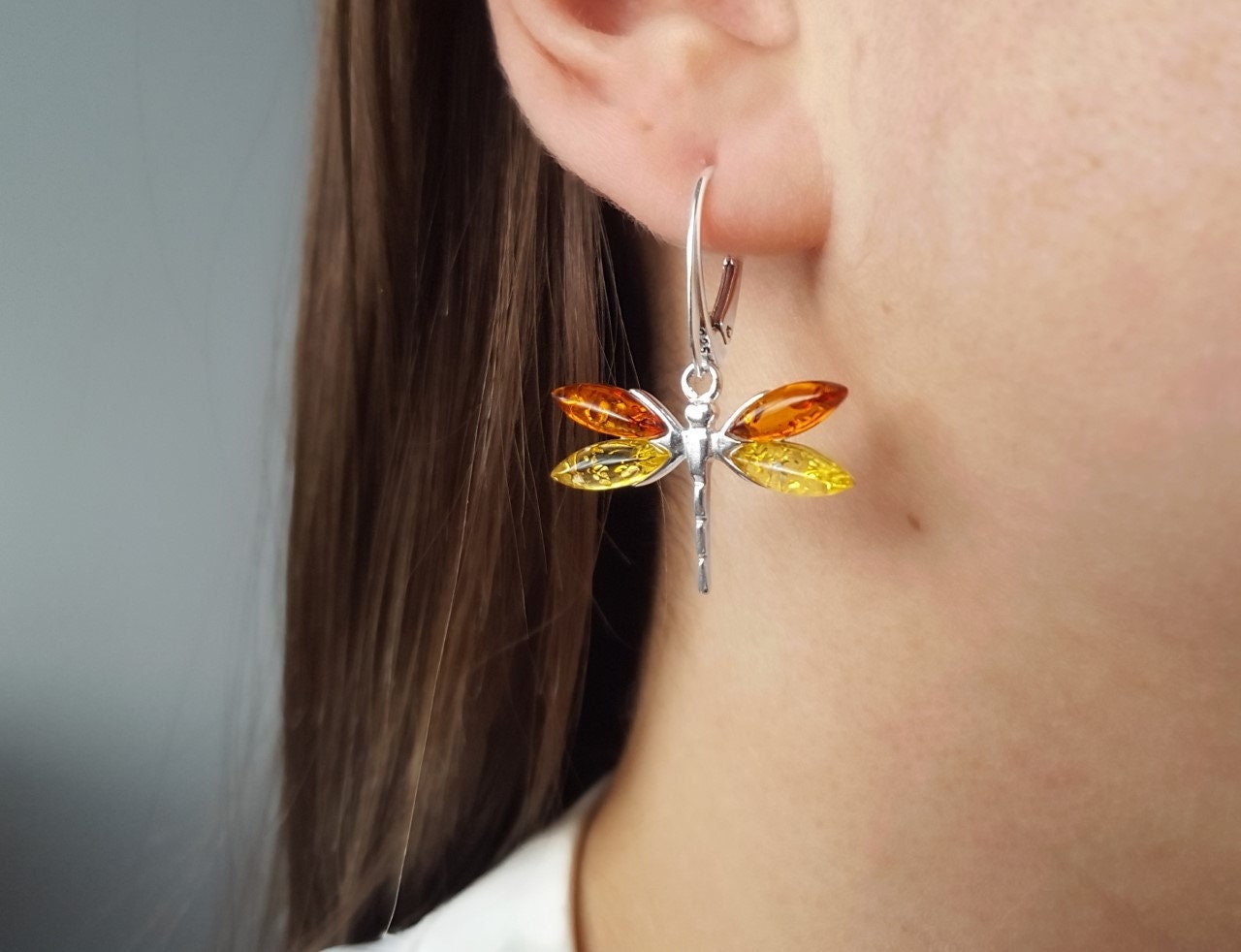 Baltic Amber Earrings Dragonfly 