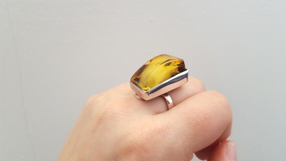 Large Baltic Amber Ring Royal Amber Ring Geometric Stone Ring