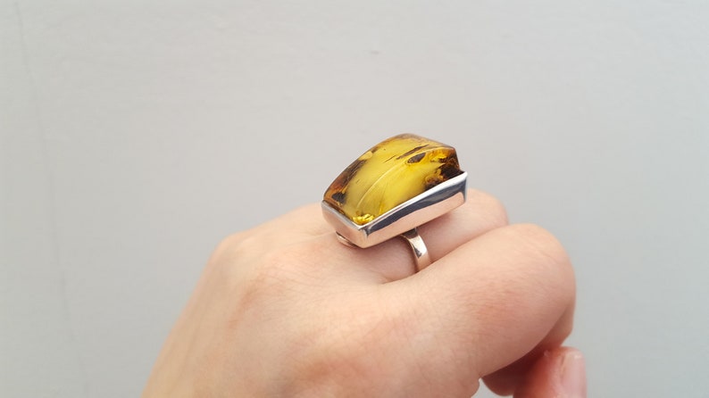 Large Baltic Amber Ring, Royal Amber Ring, Geometric Stone Ring, Milky Amber Ring, Green Amber Ring, Rectangle Ring, Silver and Amber Ring image 7