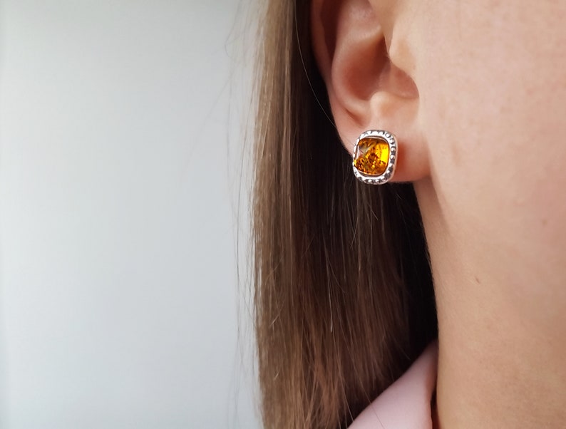 Square Baltic Amber Post Earrings, Silver Square Studs, Small Amber Earrings, Amber Square Stud Earrings, Orange Stone Post Earrings Gift image 1