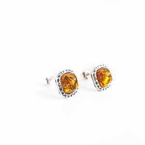 Square Baltic Amber Post Earrings, Silver Square Studs, Small Amber Earrings, Amber Square Stud Earrings, Orange Stone Post Earrings Gift image 2