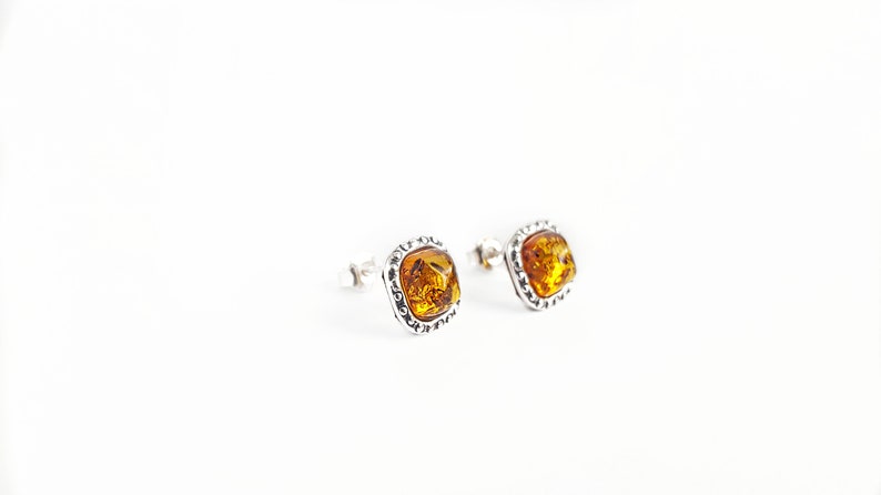 Square Baltic Amber Post Earrings, Silver Square Studs, Small Amber Earrings, Amber Square Stud Earrings, Orange Stone Post Earrings Gift image 2