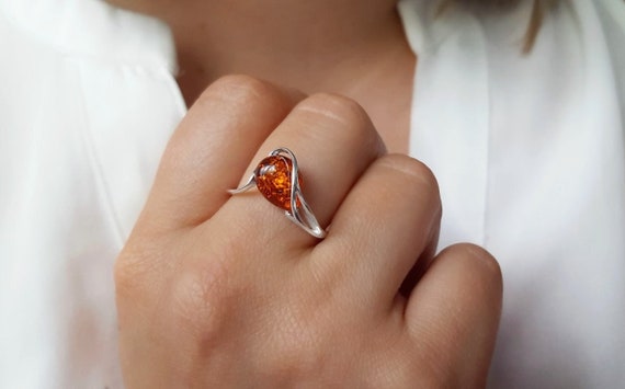 Classic Amber Ring, Modern Teardrop Amber Ring, Sterling Silver