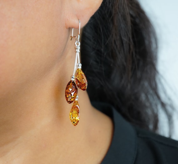 Red Branch Necklace with Baltic Amber Three Strands Wire Sterling Silver Red Branch Necklace with Baltic Amber Three Strands Wire Sterling Silver
