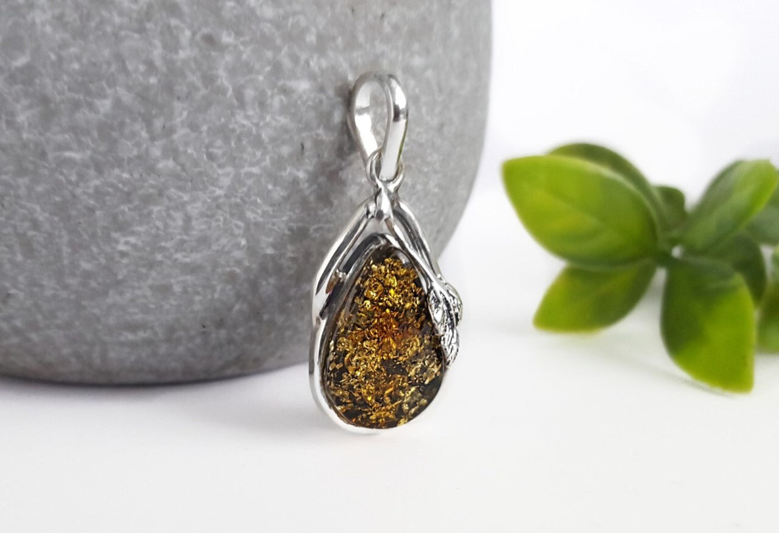 Pendentif Femme En Argent Sterling Avec Ambre Vert Baltique - Neuf Sans Emballage - Modèle #4s