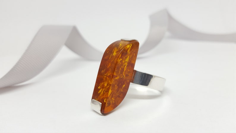 Unique Ring Long Amber Ring Orange Ring Long Gemstone Ring Gift Long Ring Statement Jewelry Large Statement Ring Baltic Amber Ring