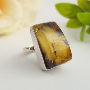 Large Baltic Amber Ring, Royal Amber Ring, Geometric Stone Ring, Milky Amber Ring, Green Amber Ring, Rectangle Ring, Silver and Amber Ring image 6