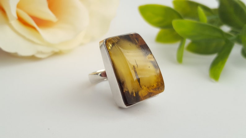 Large Baltic Amber Ring, Royal Amber Ring, Geometric Stone Ring, Milky Amber Ring, Green Amber Ring, Rectangle Ring, Silver and Amber Ring image 6