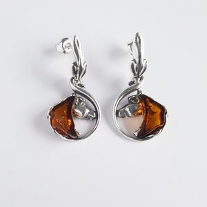 Baltic Amber Horse Earrings, Sterling Silver and Amber Stone Earrings, Honey Amber Earrings, Silver Horse Head Earrings,Round Amber Earrings image 3