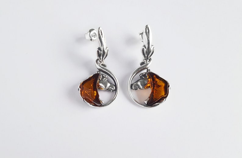 Baltic Amber Horse Earrings, Sterling Silver and Amber Stone Earrings, Honey Amber Earrings, Silver Horse Head Earrings,Round Amber Earrings image 3