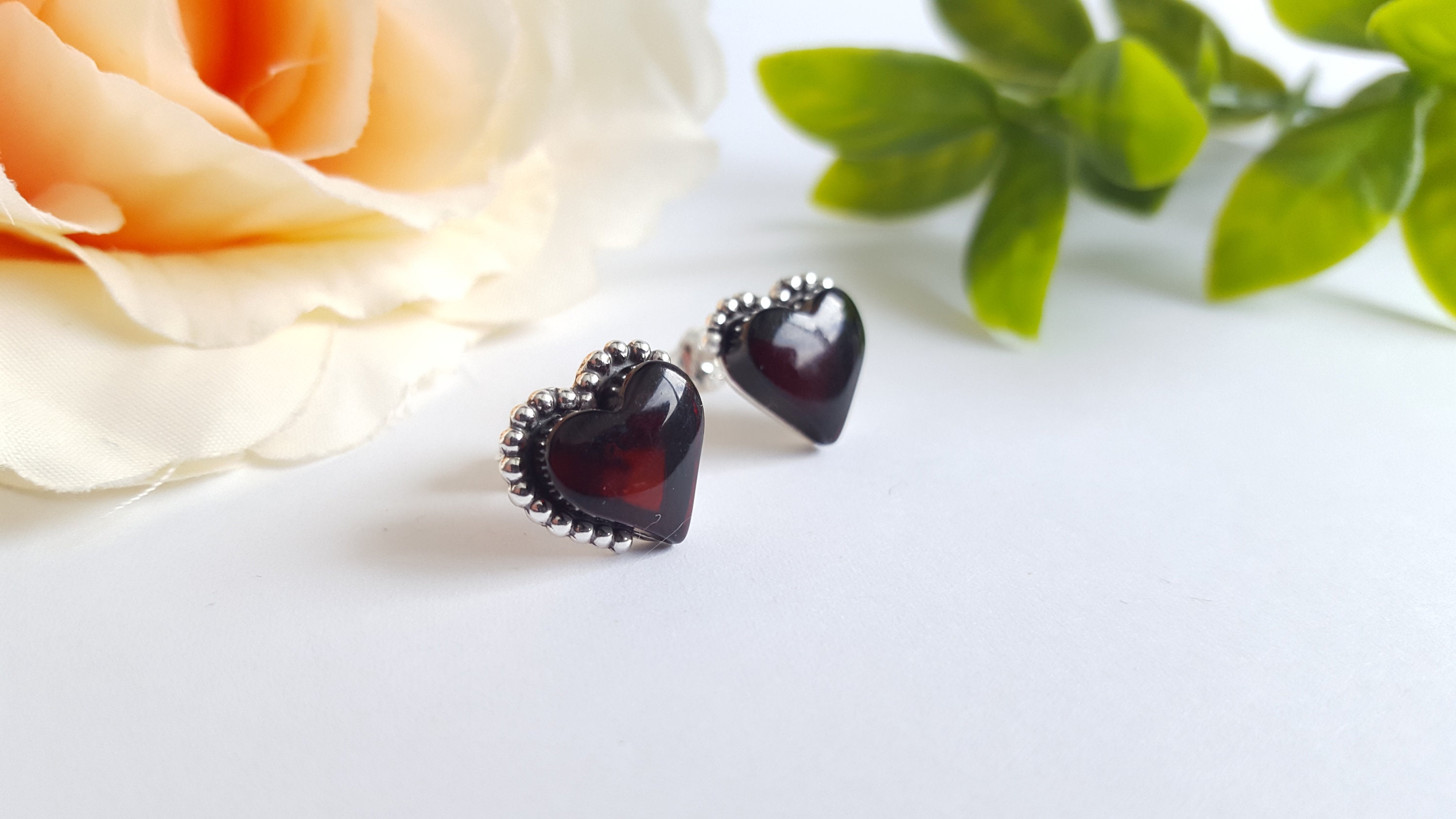 Small Red Amber Heart Studs, Cherry Amber Heart Earrings, Silver and Amber Heart Earrings, Heart Earrings, Valentines day Gift,Heart Jewelry