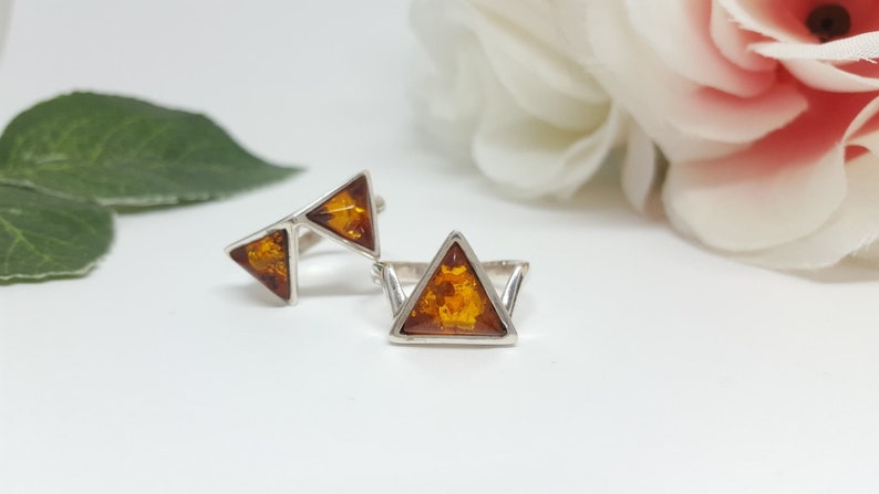 Stackable Amber Ring, Double Triangle Ring, Chevron Ring, Baltic Amber Rings, Stacking Rings, Unique Ring Gift, Set of Two Rings,Silver Ring image 3