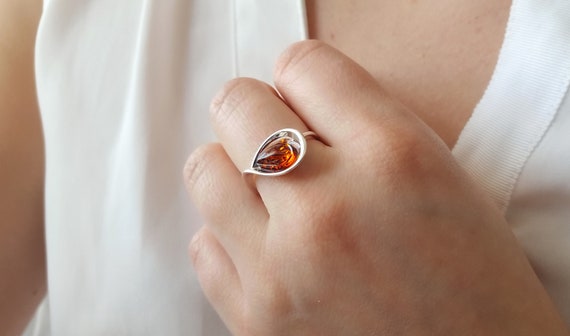 Dainty Baltic Amber Ring, Honey Amber Ring, Modern Amber Ring