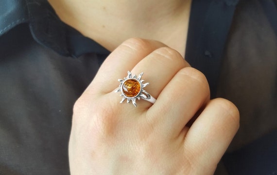 Adjustable Amber Sun Ring Baltic Amber Ring Small Sun Ring 