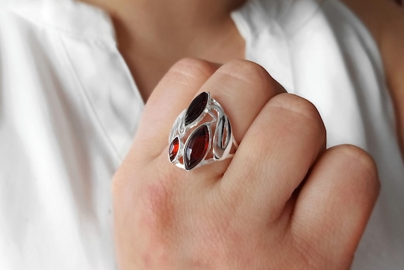 Cherry Red Amber Ring Amber Stone Ring Silver and Amber Ring