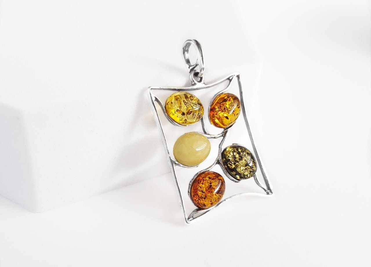 Multi Amber Stone Pendant, Sterling Silver and Amber Necklace