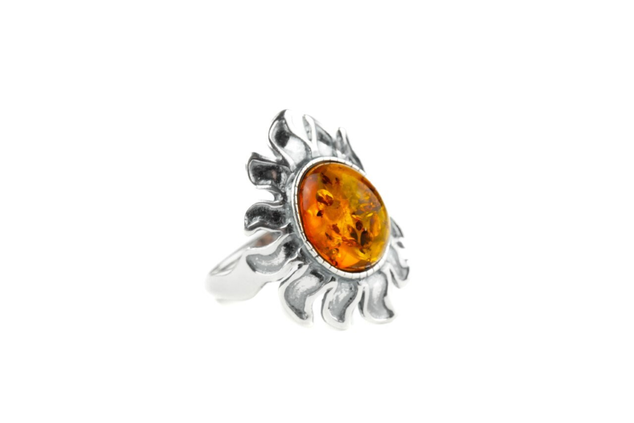 Large Baltic Amber Sun Ring, Oxidized Sterling Silver and
