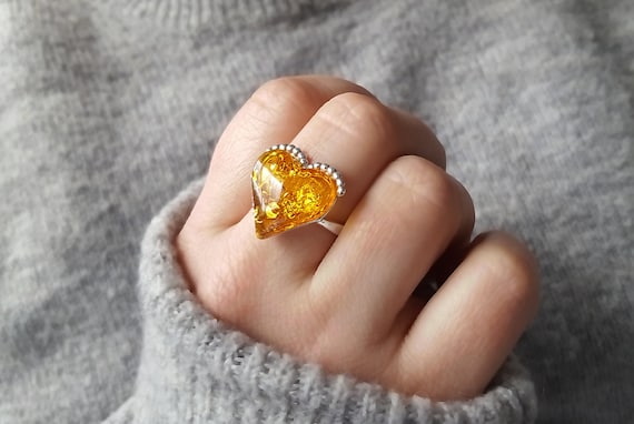 Genuine Amber Heart Ring Sterling Silver and Heart Ring Silver Love Heart Ring Amber Heart Stone Ring Heart Shaped Amber Ring amber Gift Etsy