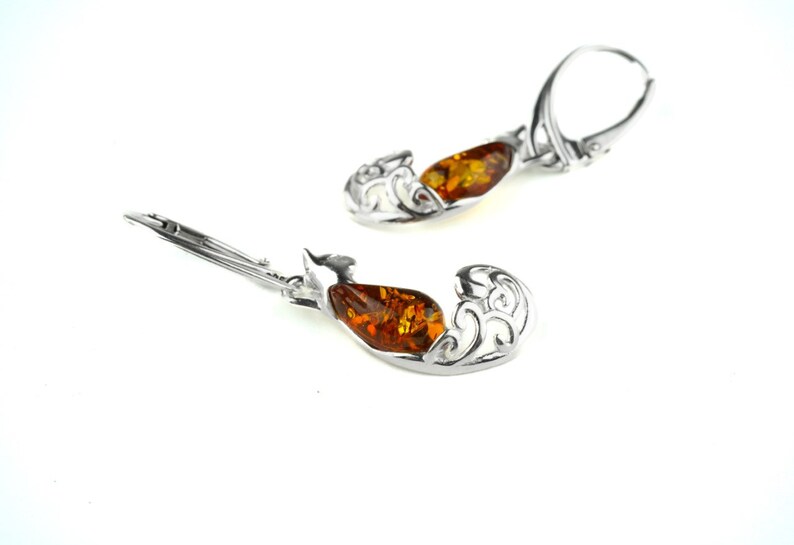 Amber Cat Earrings, Silver and Amber Stone Earrings, Silver Cat Earrings, Cat Lover Gift, Silver Cat Jewelry, Baltic Amber Cat Earrings image 3
