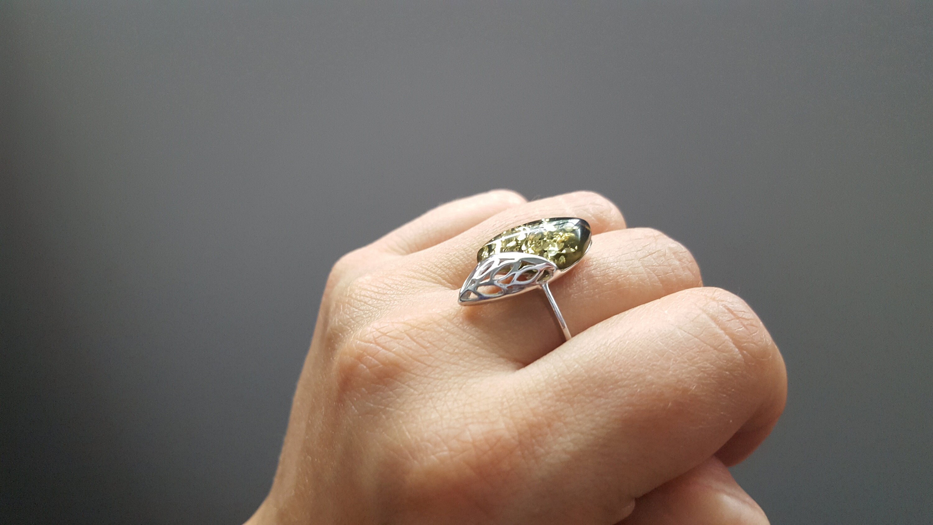 Sterling Silver & Baltic Green Amber Ring 'Dana' - Handcrafted Natural Amber Ring, One Of A Kind - View #11
