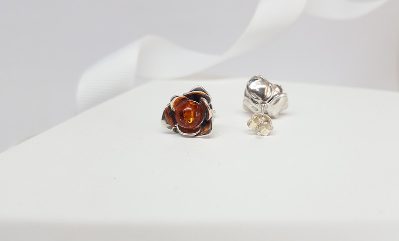 Floral Earrings Silver Stud Earrings Baltic Amber Earrings Amber Rose Earrings Stud Flower Earrings Amber Studs Amber Flower Earrings