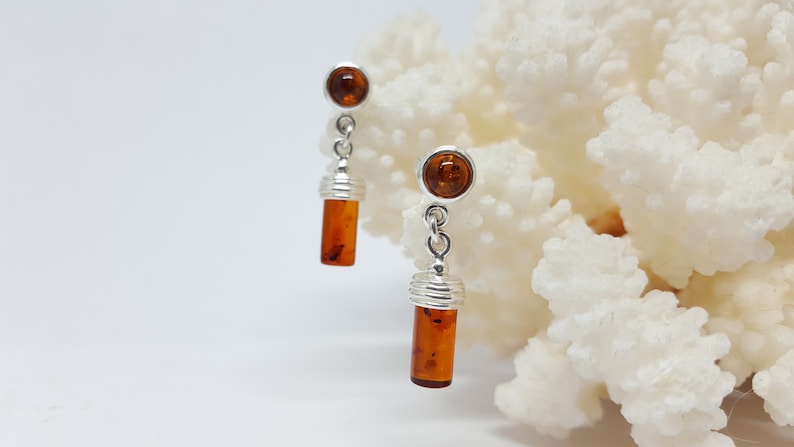 Small Cylindric Earrings, Short Amber Earrings, Small Tube Earrings, Amber Studs, Baltic Amber earrings, Natural Amber Jewellery,Amber Gift image 4