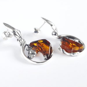 Baltic Amber Horse Earrings, Sterling Silver and Amber Stone Earrings, Honey Amber Earrings, Silver Horse Head Earrings,Round Amber Earrings image 2