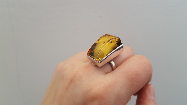 Large Baltic Amber Ring, Royal Amber Ring, Geometric Stone Ring, Milky Amber Ring, Green Amber Ring, Rectangle Ring, Silver and Amber Ring image 1