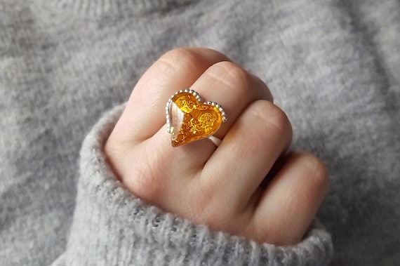Genuine Amber Heart Ring Sterling Silver and Heart Ring Silver Love Heart Ring Amber Heart Stone Ring Heart Shaped Amber Ring Amber Gift