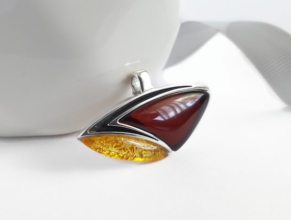 Horizontal Amber Stone Necklace, Cherry Amber Pendant, Sterling