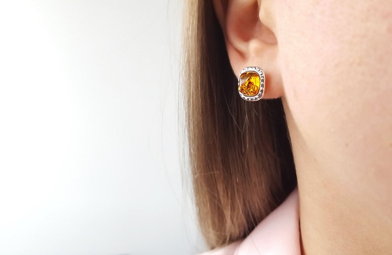 Square Baltic Amber Post Earrings, Silver Square Studs, Small Amber Earrings, Amber Square Stud Earrings, Orange Stone Post Earrings Gift image 6