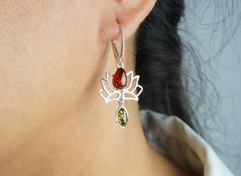 Silver and Amber Lotus Flower Earrings, Silver Lotus Flower Earrings, Baltic Amber Flower Earrings, Lotus Flower Gift, Lotus Flower Jewelry image 1