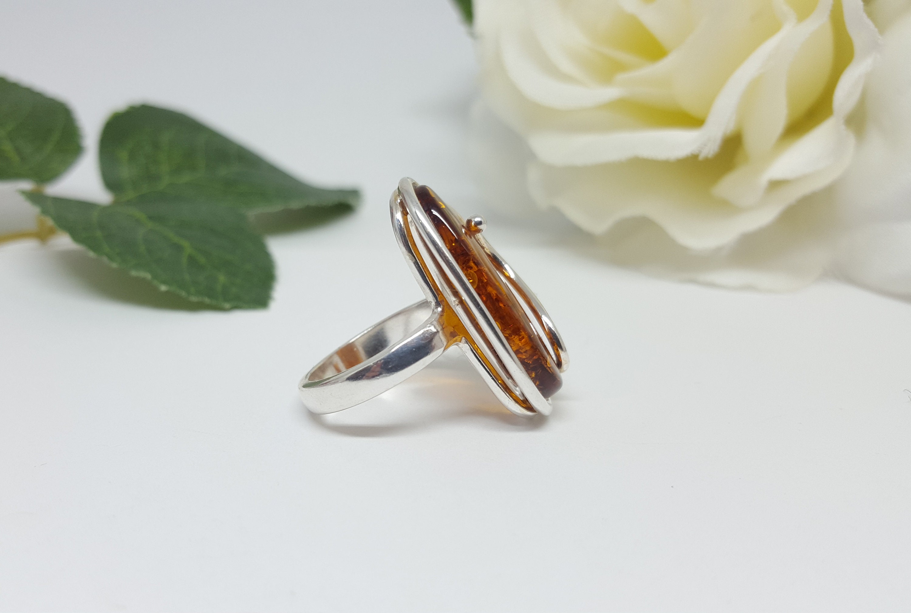 Oval Silver and Amber Ring, Modern Baltic Amber Ring, Cognac Amber