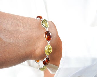Sterling Silver and Baltic Amber Bracelet, Rectangle Amber