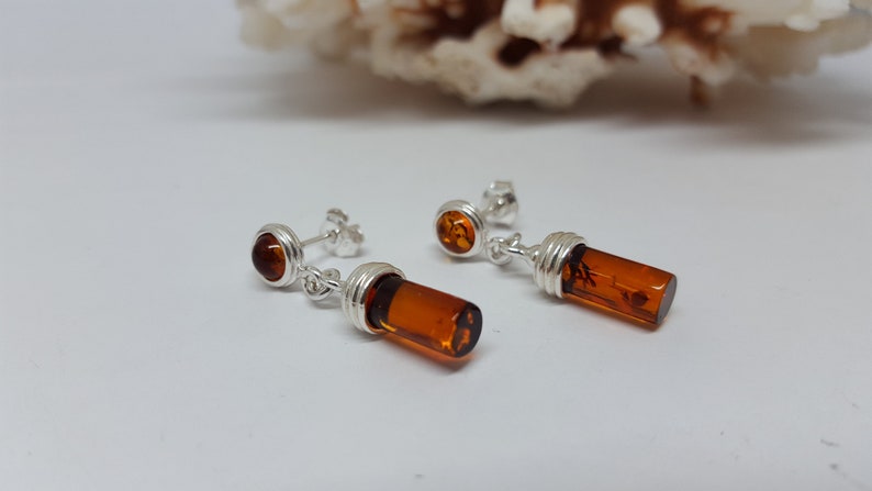 Small Cylindric Earrings, Short Amber Earrings, Small Tube Earrings, Amber Studs, Baltic Amber earrings, Natural Amber Jewellery,Amber Gift image 3