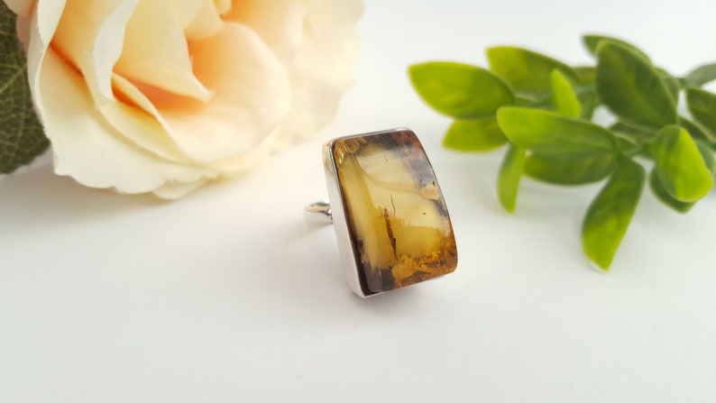 Large Baltic Amber Ring, Royal Amber Ring, Geometric Stone Ring, Milky Amber Ring, Green Amber Ring, Rectangle Ring, Silver and Amber Ring image 2