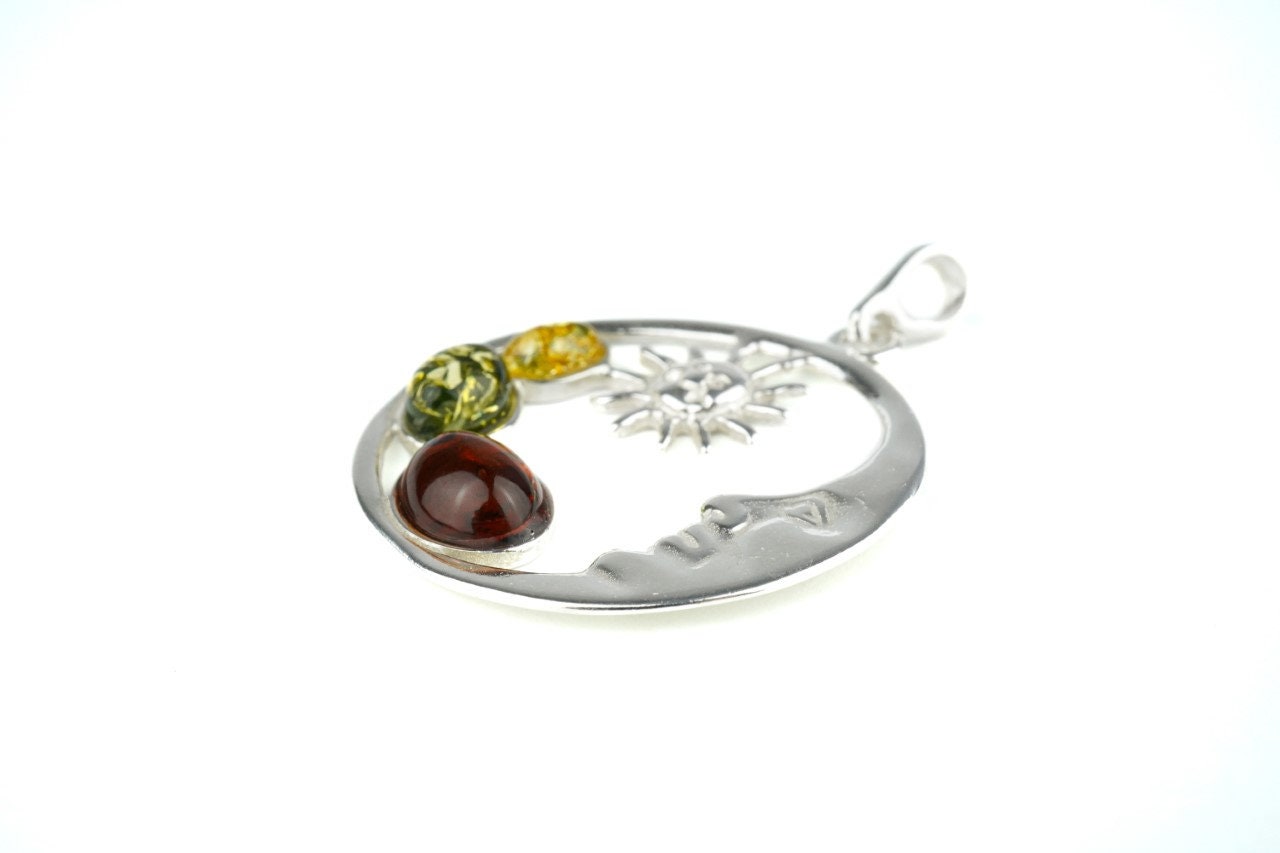 REDSUN Collana Con Ciondolo Sole E Luna In Argento Sterling 925, Ambra E Pietra Di Luna, Catena 45+5 Cm
